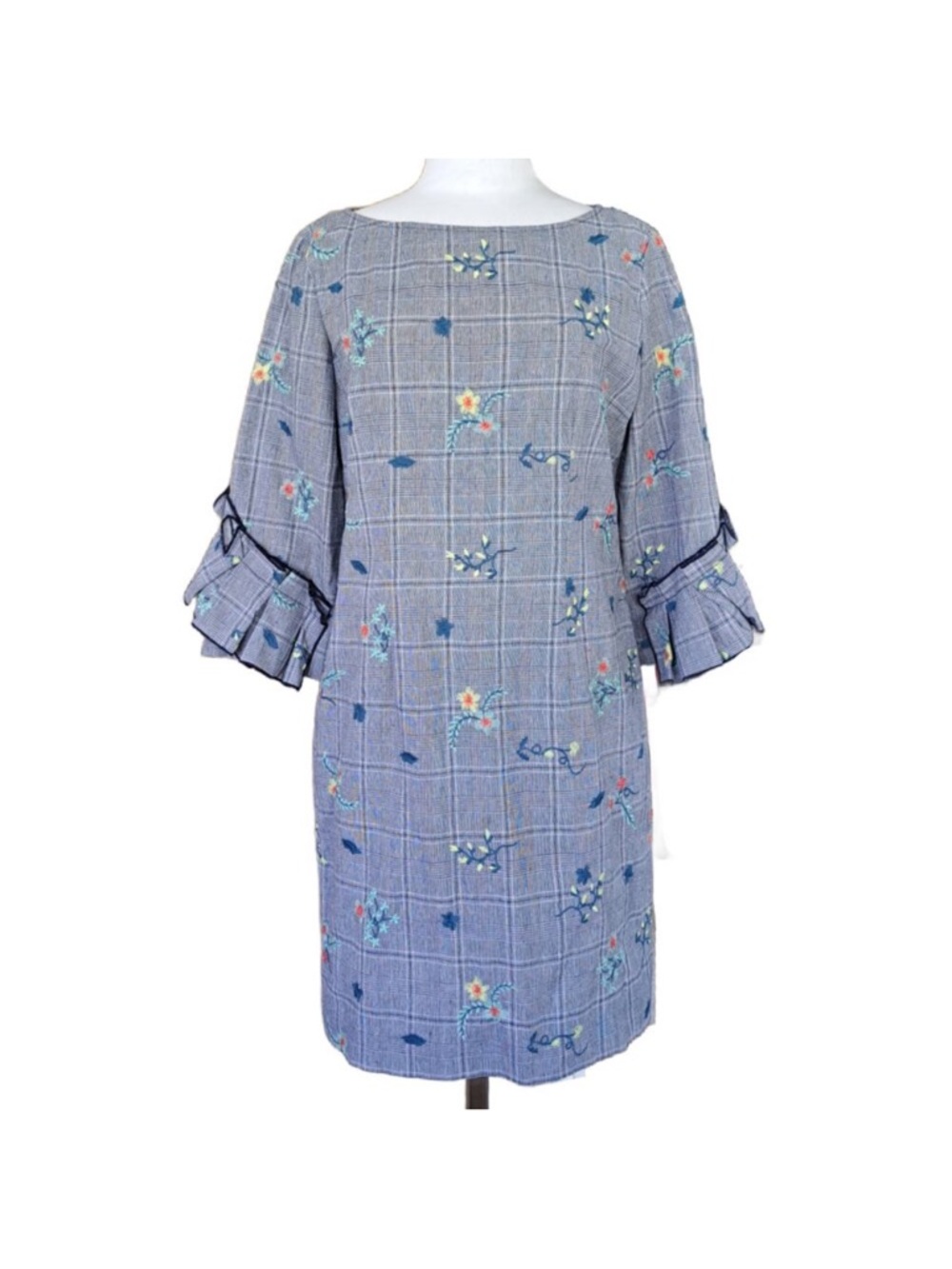 Sara Campbell The Maldives Blue Floral Plaid Ruffle-Sleeve Women's Dress